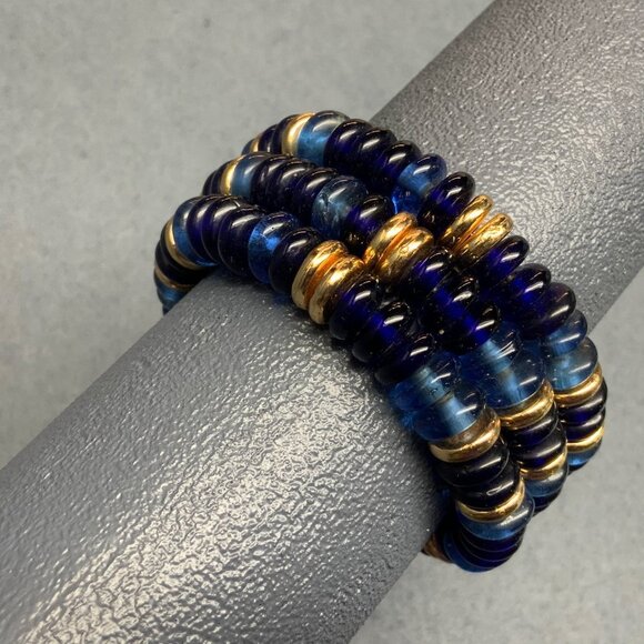 Retro Memory Wire Wrap Bracelet Translucent Blue Gold Beaded Vintage Bohemian - Picture 1 of 3